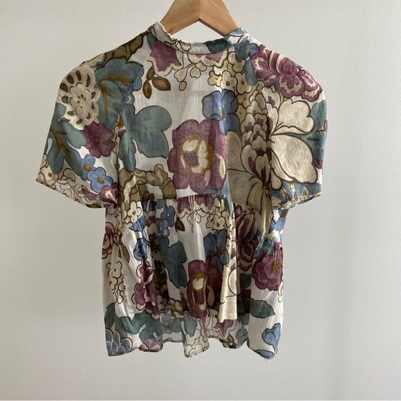 Zara Green and Purple Pleated Blouse with Mandarin Collar and Open Back - Picture 1 of 2